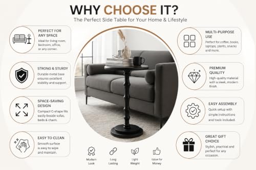 Image of MAZHAR & BROTHERS Modern Round C-Shaped Side Table, Black End Table for Sofa & Bed, Small Accent Table for Living Room, Bedroom, Office | Sturdy Metal Base | Minimalist Space-Saving Design