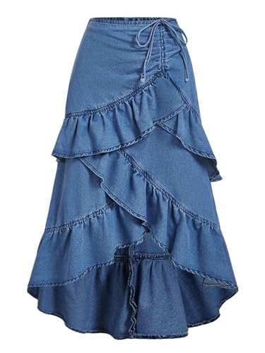 GORGLITTER Women's Drawstring Jean Ruched Tiered Ruffle Long Skirt Y2k Asymmetrical Denim Maxi Skirts