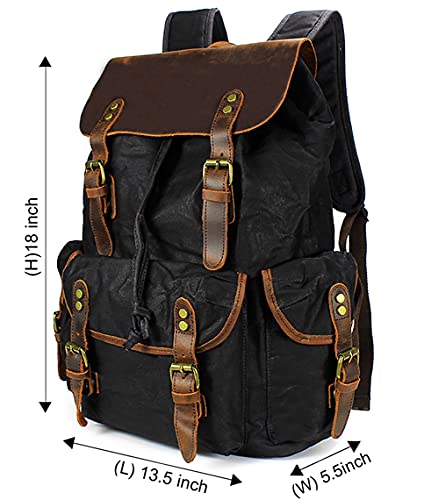 Image of Vintage Waxed Canvas Backpack with Genuine Leather Flap, Travel & Work Rucksack, Water-Resistant Daypack with Anti-Theft Pocket, Large /X-Large (15.6 /17.3 inch Laptop), M80 Black