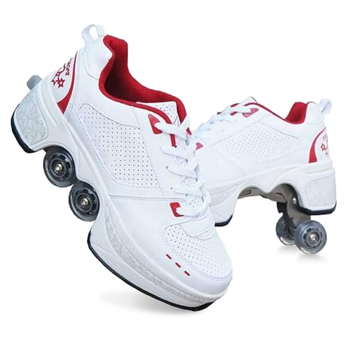 UonrvaoN Roller Skate Shoes for Girls Boys Kick Roller Shoes 2-in-1 Double-Row Deform Wheel Roller Skates Roller Skating Shoes for Kids Ages 6-12