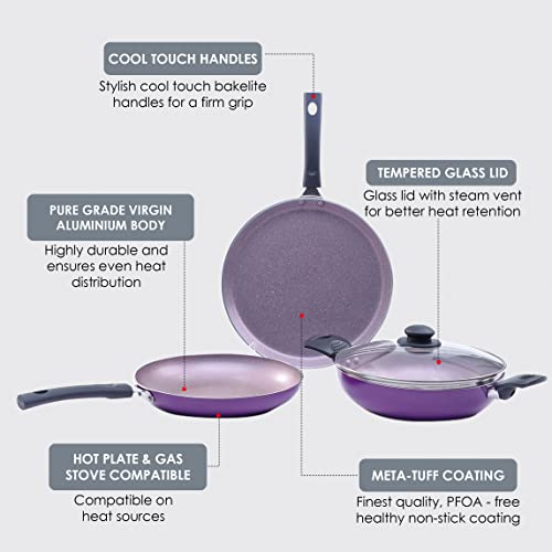 Wonderchef-Valencia-Non-Stick-Cookware-4-Piece-Set-Kadhai-with-Lid-Fry-Pan-Dosa-Tawa-Induction-Friendly-design-Cool-Touch-Bakelite-Handles-Pure-Grade-Aluminium-PFOA-Free-2-Years-Warranty-Purple