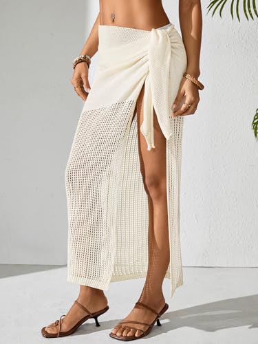 Womens Crochet Swimsuit Coverup Wrap Sarong Summer 2025 Waist Tie Side Slit Beach Bathing Suit Cover Up Skirt3