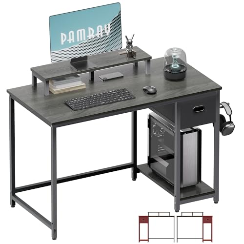 Image of Pamray 39 Inch Computer Desk with Monitor Stand Small Home Office Desks with Non-Woven Storage Drawer for Bedroom Study Table Writing and Work Desk Espresso Gray,Gray Leg