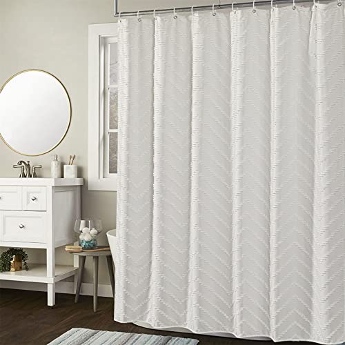 Estmy Boho White Tufted Shower Curtain Sets With Hooks, Simple Modern Chic Cute Chevron Stripe Chenille Cotton Fabric Shower Curtain Bathroom Decor, Heavy Duty/Water Repellent/Washable #TOP1