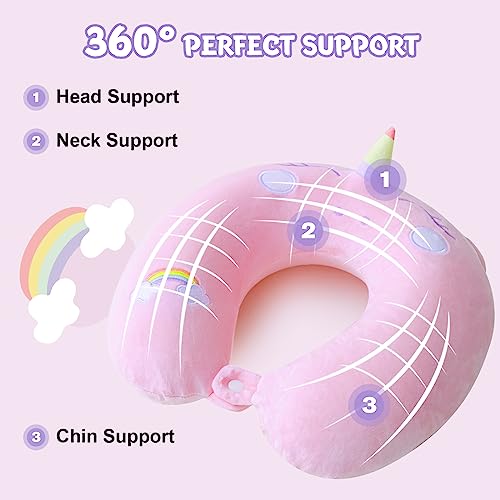 Cirorld Kids Travel Pillow Cute Neck Pillow Traveling Memory Foam Airplane Pillow with Sleep Mask Animal Flight Head Rest Neck Support for Cars Long Flights Sleeping Girls Boys-pink unicorn - Image 5