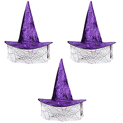 Chapeau De Sorcière 3PCS Chapeau Sorcière Pour Enfants Halloween Witch Hat Party Halloween Hat Avec Voile Cosplay Accessoire Witch Chapeau Creative Halloween Props Décoration D'halloween, Purple Cover