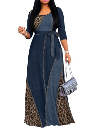 Image of Women's V Neck Floral Maxi Dress 3 /4 Sleeve Plus Size Boho Wrap Flowy Long Dresses with Belt
