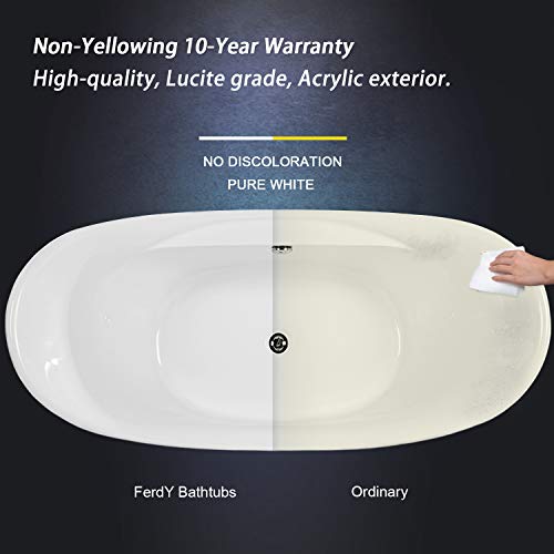 FerdY Boracay 67" Acrylic Freestanding Bathtub, Gracefully Shaped Freestanding Soaking Bathtub, Glossy White, cUPC Certified, Toe-Tap Chrome Drain & Classic Slotted Overflow Included, 02503