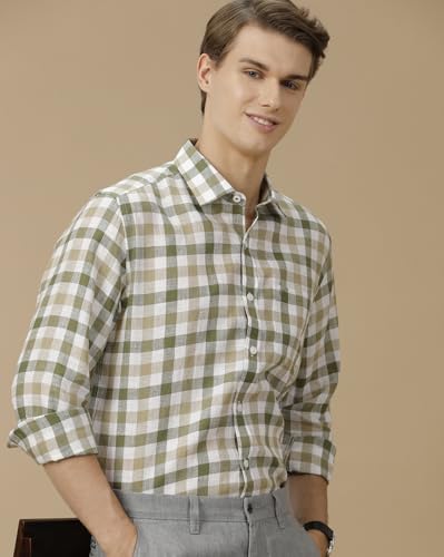 Image of Linen Club Men's Pure Linen Blue Checked Contemporary Fit Half Sleeve Casual Shirt