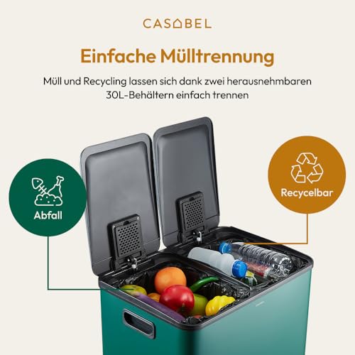 Image of CASABEL Tri Selectif Bin 60L - 2 x 30 L Bin with Pedal, Stainless Steel, Dark Green Anti-Fingerprint, Double Compartments, Kitchen Bin, with Removable Bins, Handles, Silent Lids, 2 x 30 L
