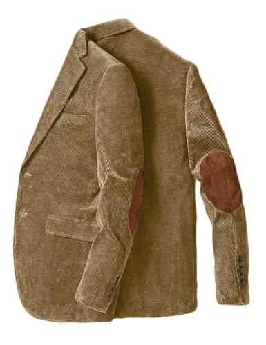 DRCUIVS Men's Corduroy Blazer Slim Fit Notch Lapel Single Breasted Business Suit Jacket Casual Vintage Elbow Patch Sport Coat Olive Brown XX-Large