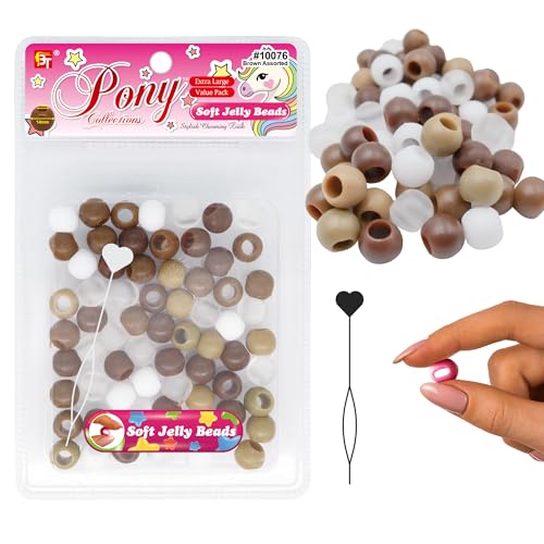 Beauty Town Silicone Soft Jelly Beads - 14mm XL Beads with 7mm Hole + 1 Beader - Soft Elastic Hair Beads for Braids, Jewelry, Keychains