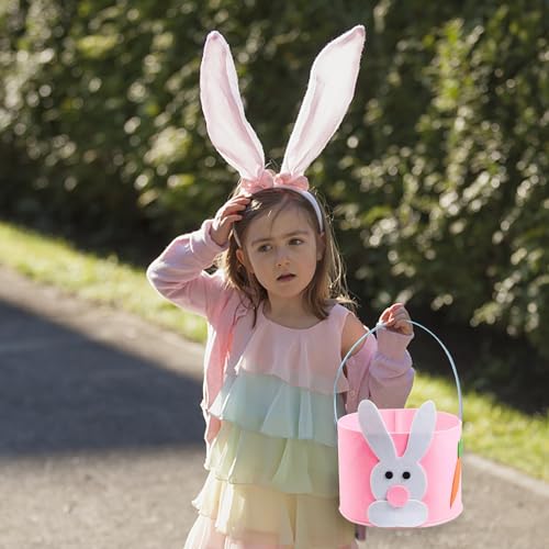Image of Felt Easter Bunny Basket for Kids Easter Basket Canvas Tote Bunny Egg Hunt Bags,Egg Hunts and Candy Surprises(Pink)