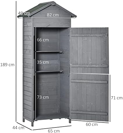 Outsunny Wooden Garden Storage Shed Utility Gardener Cabinet w/ 3 Shelves, Tilted-felt Roof and Two Lockable Doors, 189cm x 82cm x 49cm, Dark Grey