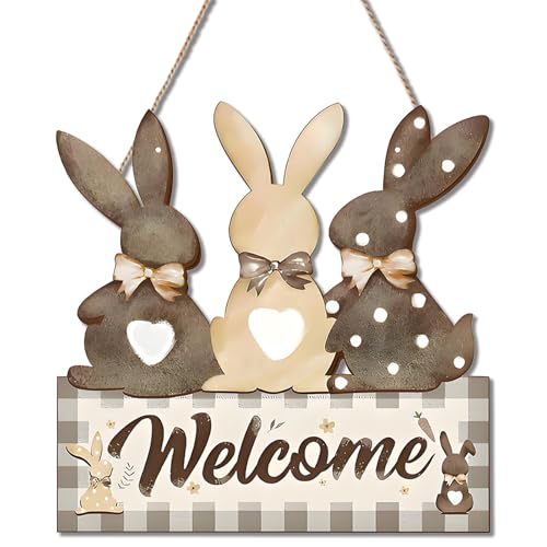 Easter Decorations Door Sign,Wooden Cute Bunny Welcome Easter Door Hanger Easter Door Wreath Hanging Ornament Plaque Rabbit Sign with Bow Farmhouse Home Front Door Porch Wall Window Garden Spring Decor
