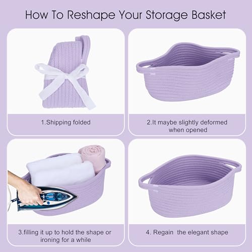 Image of Baby Gifts Basket Empty with Gifts Bag and Ribbon12 inchx8 inchx5 inch Cute Gifts Basket to Fill Easter Basket Birthday Basket Small Woven Cotton Rope Basket Baby Toy Baske(purple, regular)