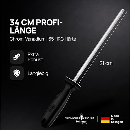 Foto von SCHWERTKRONE® Wetzstahl für Messer [MADE IN SOLINGEN - GERMANY] - Messerschärfer Stab - Wetzstab Messerstahl - Messerschärfer Knife Sharpener - Höchste Qualtiät für Profis (Chrom Vanadium) - 34cm