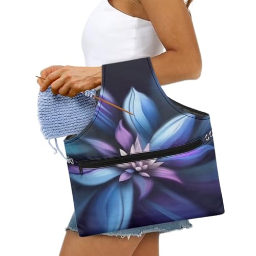 Image of KUIFORTI Boho Yarn Bag, Crochet Tote Bag, Purple Flower Yarn Storage Bag Organizer Travel Wrist Bag, Lightweight Yarn Tote Bags for Crocheting on The Go Knitting Accessories, Large Size