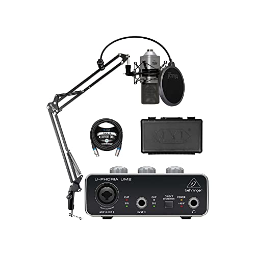 MXL 770 Cardioid Condenser Microphone (Silver) Bundle with Behringer U-PHORIA UM2 USB Audio Interface for Windows and Mac, Blucoil Boom Arm Plus Pop Filter, and 10-FT Balanced XLR Cable