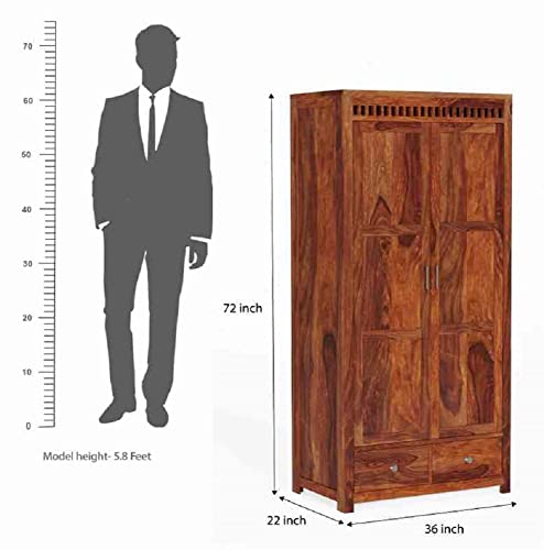 Image of WOODLAB Furniture Sheesham Wood Two Door and Drawer Storage Wardrobe for Home Wooden Almirah for Bedroom (Honey Finish)