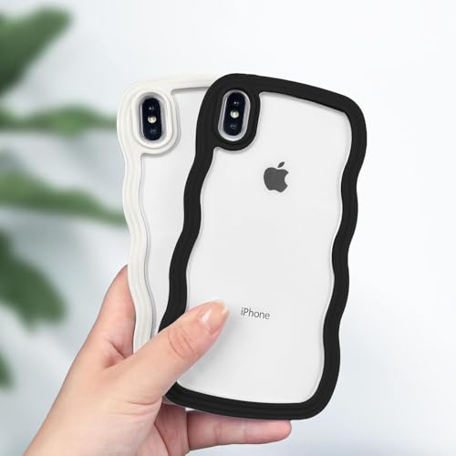 Image of GoldKart iPhone Xs Max Case Wavy Edge Clear Back Design, Anti-Slip Grip Cute Wave Curly Frame Shape Shockproof Soft TPU & Hard PC Bumper Protective Phone Case Cover for Women Girls - Black