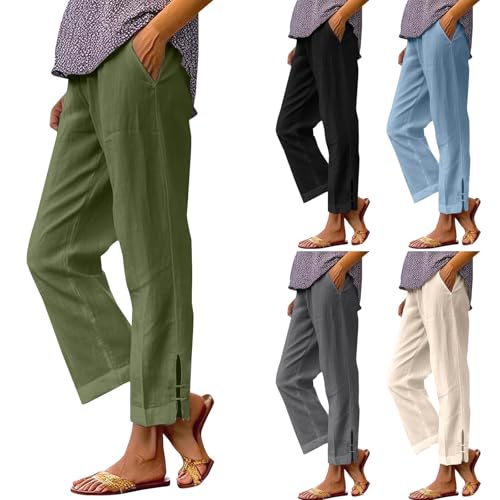 HGps8w Plus Size Straight Linen Pants for Women Elastic Waist Comfy Casual Solid Versatile Loose Work Trousers with Pockets2