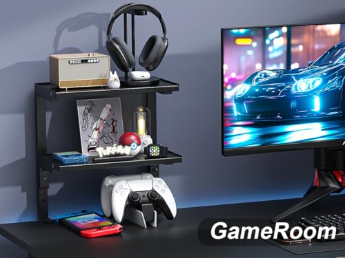 Image of 2-Tier Desk Shelf, Black | Desk Organization Expandable Clamp on Desk Shelf Desktop Accessories for Offices and Game Rooms