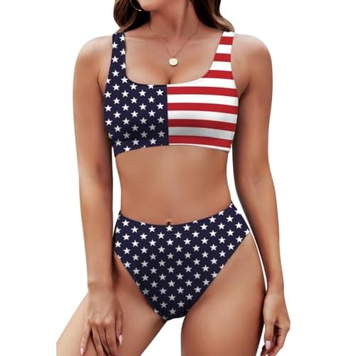 Pink Queen Women's Crop Top High Waisted Cheeky Bikini Set Two Piece Swimsuits Large 02 - Usa Flag