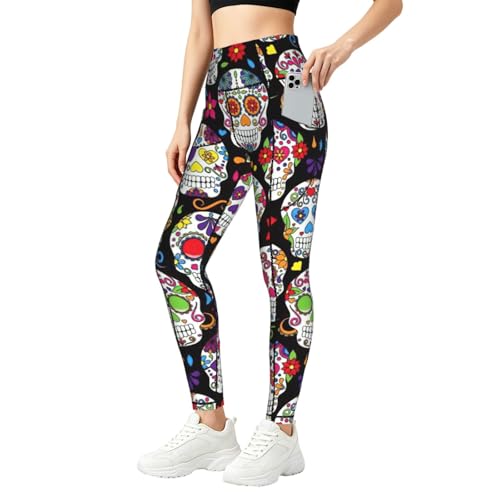 Pantalones de yoga para mujer con calaveras de azúcar y bolsillos