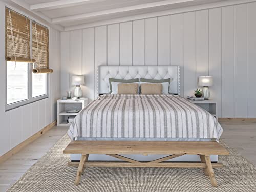 Dg Casa Bardy Upholstered Panel Bed Frame With Diamond Button Tufted And Nailhead Trim Wingback Headboard, Queen Size In White Faux Leather Fabric #TOP3