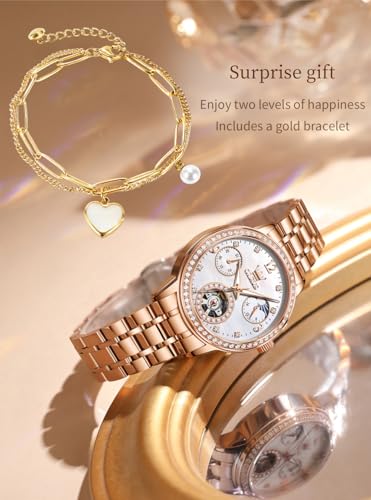 Image of OLEVS Women Watches Automatic Mechanical Set Casual Diamond Dress Ladies Self Winding Two Tone Wrist Watch Date