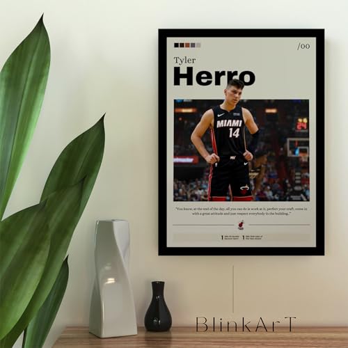 Image of BLINKART Tyler Herro NBA BasketBall Player Synthetic Wood Photo Framed Wall Hanging Poster For Room & Office Bedroom Living Boys and Girl Room Home Wall Hanging(12 * 18 Inches)