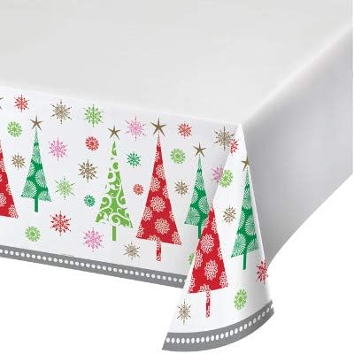 Winter Season Christmas Party Decorations, Contemporary Trees Printed Plastic Tablecover 54 Inch x 102 Inch, Box of 12