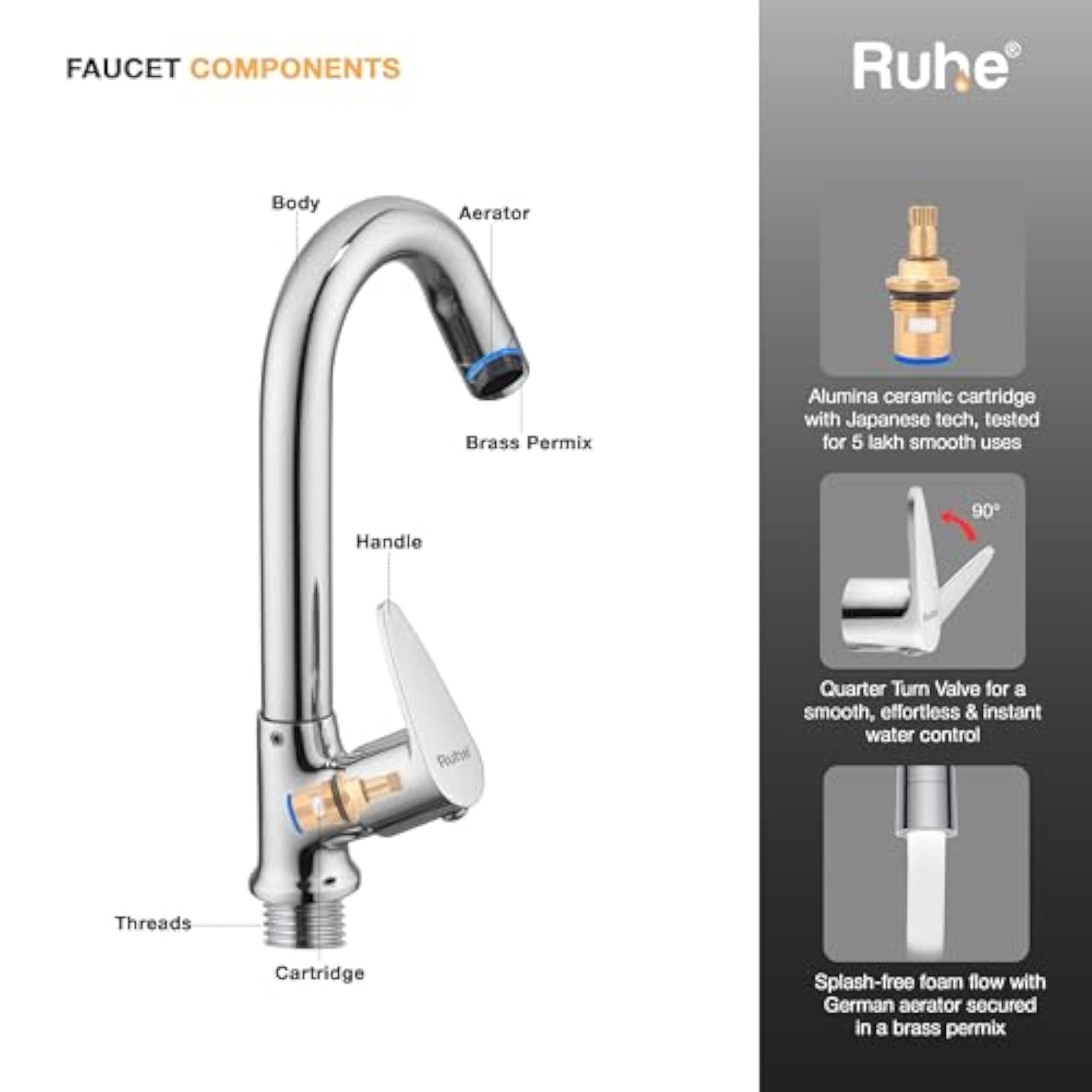 Brass Swan Neck Faucet with Swivel Spout for Kitchen & Bathroom