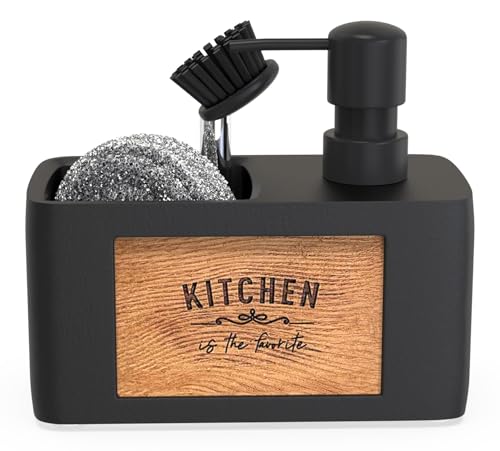 CHILL HOUSE Porta Sapone Cucina Nero – Dispenser Sapone Cucina con Porta Spugna – Dosatore Sapone Cucina – Dosatore Detersivo Piatti – Soap Dispenser – Portasapone Cucina – Dispenser Sapone Liquido