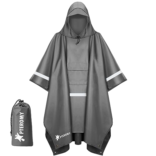 Image of PTEROMY Hooded Rain Poncho for Adults, Reusable Waterproof Raincoat