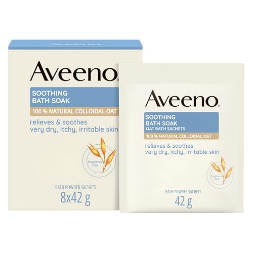 Aveeno Soothing Bath Soak, with 100% Natural Colloidal Oat, Suitable for Sensitive Skin, Relieves & Soothes Very Dry, Itchy & Irritable Skin, 8x42g Powder Sachets