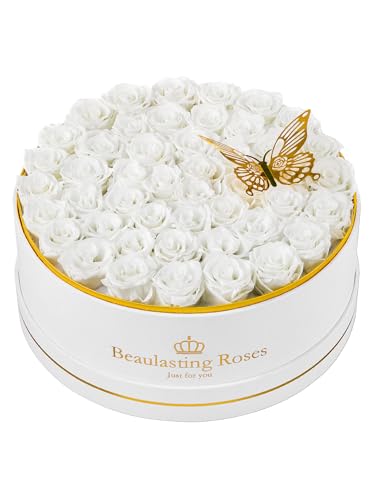 47 Preserved Roses Forever Flowers Real Roses in a Box Mother's Day Birthday Flowers for Her Mom Women Wife Valentine's Day, White Roses