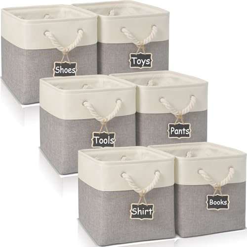 Dyvavna 12x12 storage cube bins[6 Pack],Fabric Storage Cubes with Rope Handles, Eco-Friendly Linen Collapsible Organizers for Closet, Nursery, Toys, Office, Bathroom – Dual Color Design.(White&Grey)