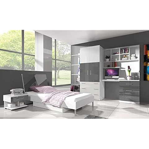 Modern Bedroom Furniture Set Wall Unit Freestanding Wardrobe Desk Bookcase Bookshelf Single Storage Bed Bedside Table Bedside Cabinet Mattress Included Boy Girl Child Youth EDEN 3M (Gray) Cover