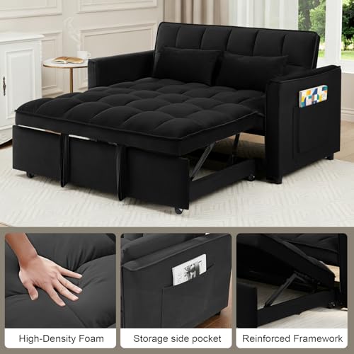 Image of 3 in 1 Folding Convertible Sofa Bed, 55'' Pull Out Couch Bed with Side Pocket, Velvet Fabric Loveseat Sleeper Sofa with Adjustable Backrest, Easy Assembly, Perfect for Living Room, Black