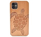 CYD Wooden Case for iPhone 12 / iPhone 12 Pro 6.1'', Real Wood Engraved Shockproof Drop Proof Slim Bumper TPU Protective Cover (Sea Turtle)