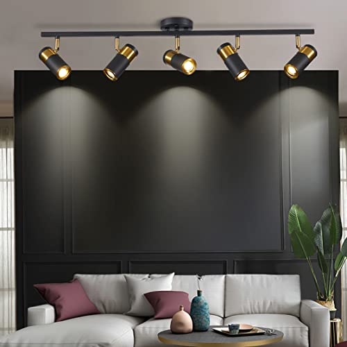 Image of 5-Light Track Lighting, Matte Black LED Ceiling Spotlight | 5 adjustable heads direct focused light,black and gold,39-inch flush mount design for kitchens, living rooms, and hallways