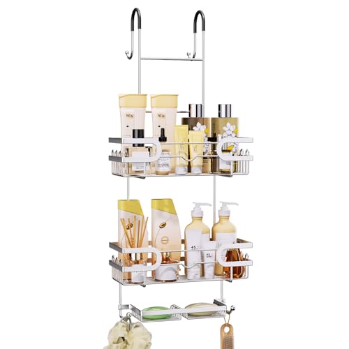 SWTYMIKI Duschregal zum Hängen Dschablage Hängend - Duschablage Hängend Für Dusche Glastür Duschkorb mit 2 Duschkörben and 2 Seifenablage, Edelstahl Shampoo Halterung Für Dusche mit 14 Haken, Grau SWTYMIKI Duschregal zum Hängen Dschablage Hängend - Duschablage Hängend Für Dusche Glastür Duschkorb mit 2 Duschkörben and 2 Seifenablage, Edelstahl Shampoo Halterung Für Dusche mit 14 Haken, Grau