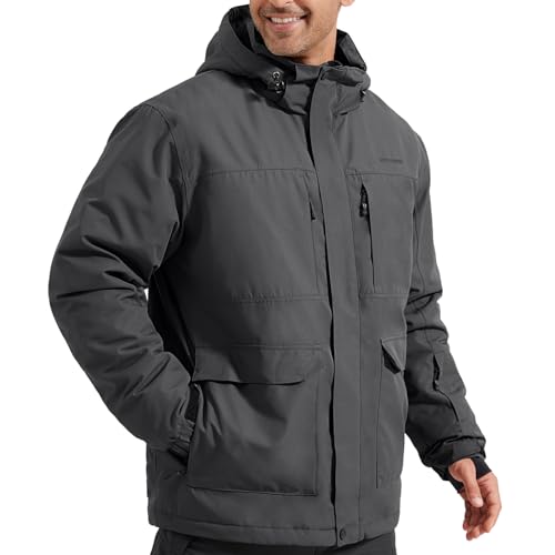 FREE SOLDIER Men's Waterproof Ski Jacket Fleece Lined Warm Winter Snow Coat with Hood Fully Taped Seams(Charcoal Gray,L)