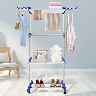 Innotic Clothes Drying Rack Foldable Standing Stainless Large Space Washing 4-Tier Airer Horse Laundry Hanger Dryer for Home Garden Storage Indoor Outdoor (Blue-grey)