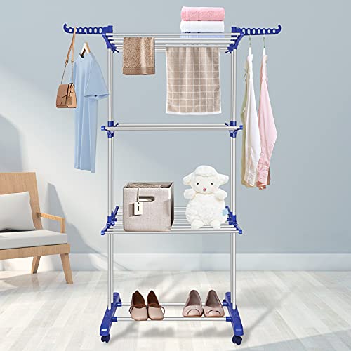 Innotic Wäscheständer, zusammenklappbar, stehend, Edelstahl, großer Raum, Wäscheständer, 3 Ebenen, Wäscheständer für Zuhause, Garten, Aufbewahrung drinnen und draußen (blau-grau) Cover