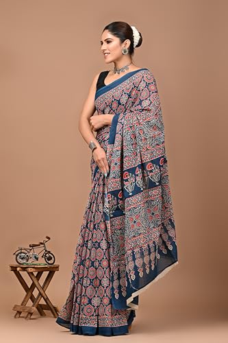 Image of Crafts Moda Hand Block Ajrakh Print Cotton Saree for women with Blouse | Soft comfortable wear sari