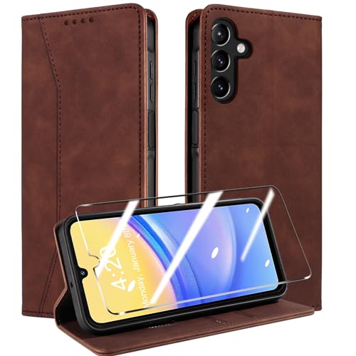 QHOHQ Handyhülle für Samsung Galaxy A15 4G/5G Hülle mit Panzer Folie, Premium Leder Schutzhülle, [RFID Sperrung Schutz], Magnet Klappbar Flip Case Tasche, Multifunktional, Stoßfest (Traum)-Kaffee