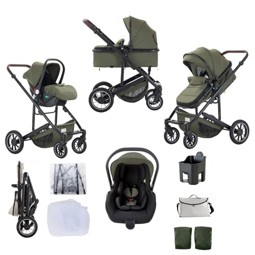 Lnhcrbs Cochecito Bebe 3 Piezas, Sistema de Viaje,Verde-Conjunto de Silla de Paseo y Silla de Auto, Cochecito Bebe con Mosquitera y Burbuja de Lluvia, Asa Ajustable, Chasis de Aluminio, 0-4,22Kg
